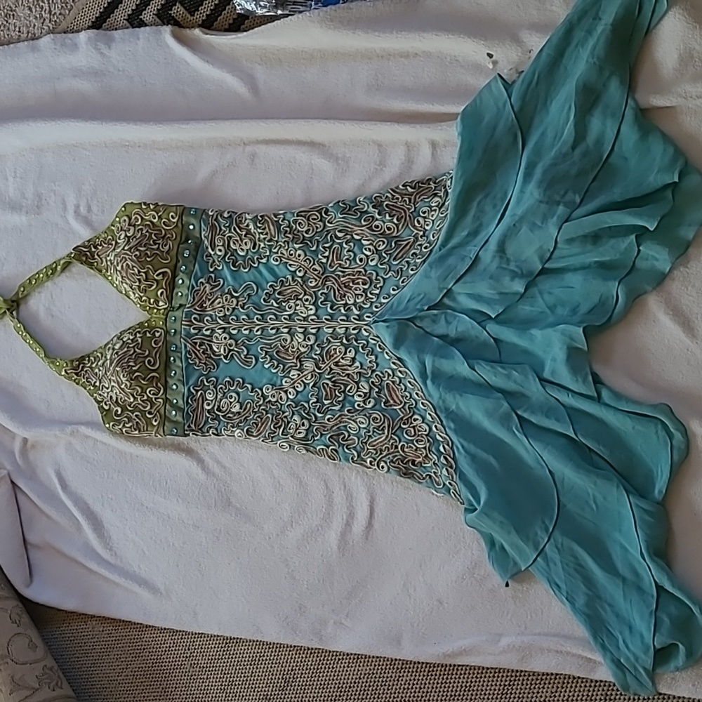 Cache gorgeous silk halter dress rhinestones embroidery turquoise aqua 2 vintage